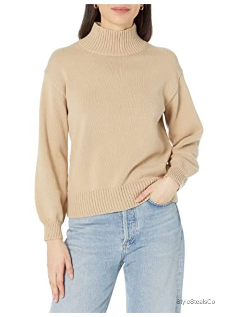 Cotton Funnel Neck Pullover Sweater Blouson Sleeve